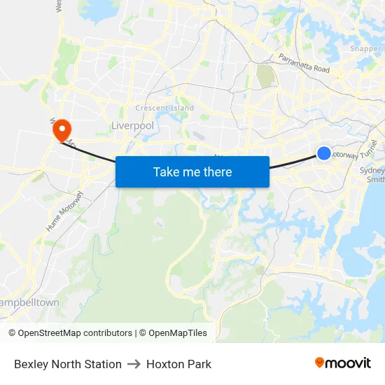 Bexley North Station to Hoxton Park map