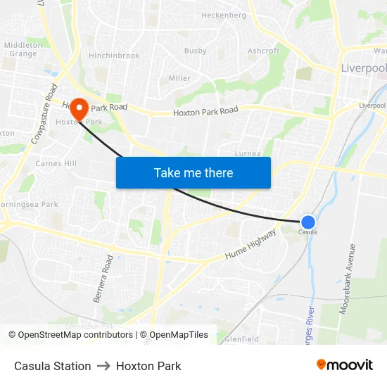Casula Station to Hoxton Park map