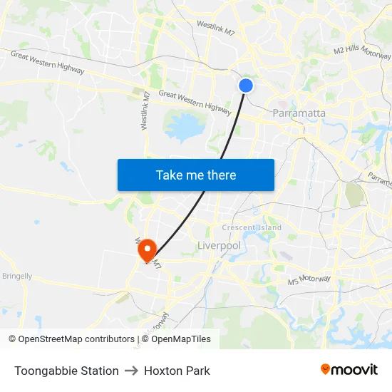 Toongabbie Station to Hoxton Park map
