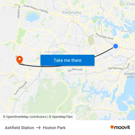 Ashfield Station to Hoxton Park map