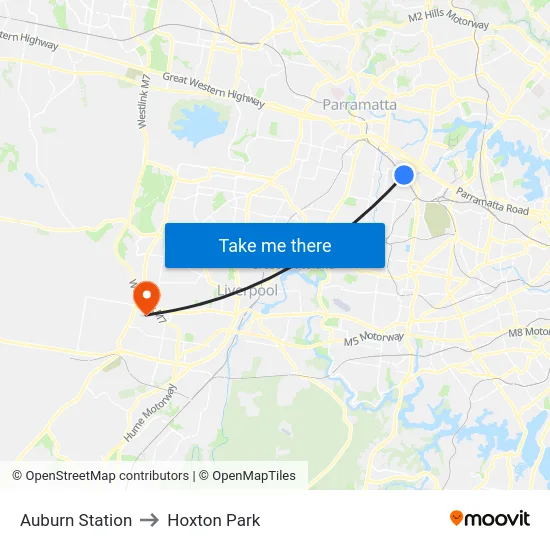 Auburn Station to Hoxton Park map