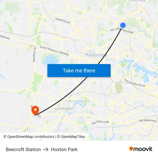 Beecroft Station to Hoxton Park map