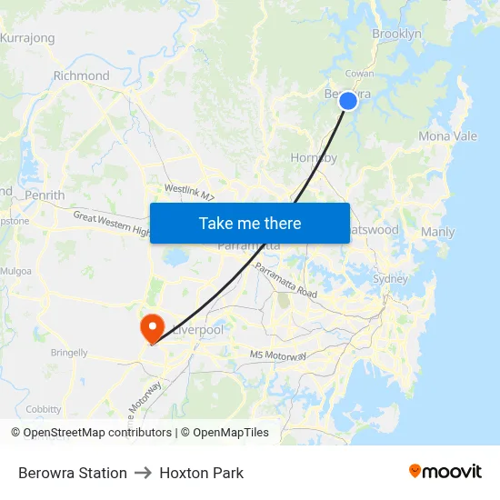 Berowra Station to Hoxton Park map