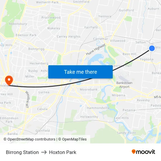Birrong Station to Hoxton Park map