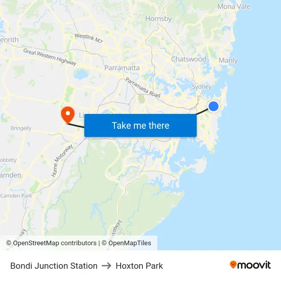 Bondi Junction Station to Hoxton Park map
