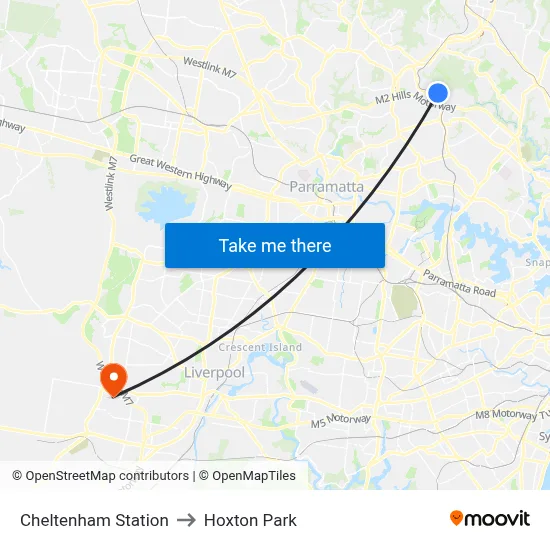 Cheltenham Station to Hoxton Park map