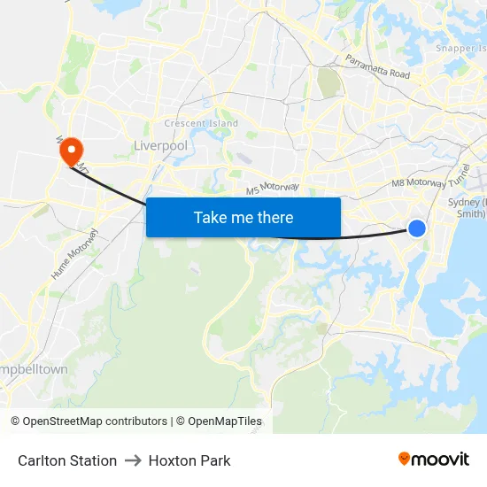 Carlton Station to Hoxton Park map