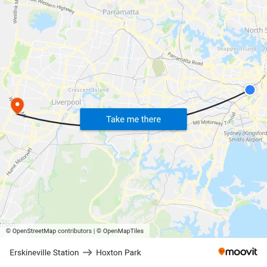 Erskineville Station to Hoxton Park map
