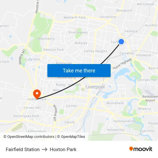 Fairfield Station to Hoxton Park map