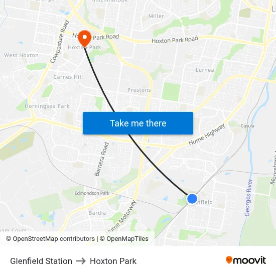 Glenfield Station to Hoxton Park map