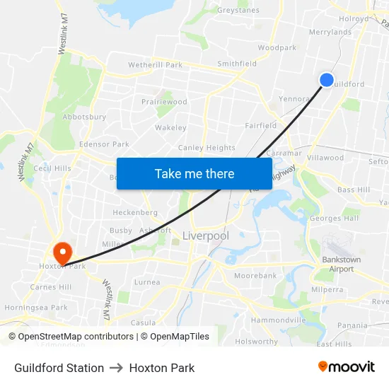 Guildford Station to Hoxton Park map