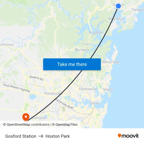 Gosford Station to Hoxton Park map