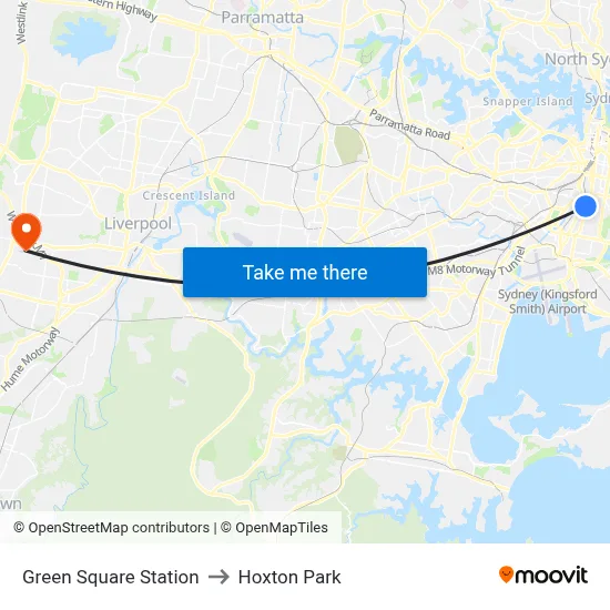 Green Square Station to Hoxton Park map