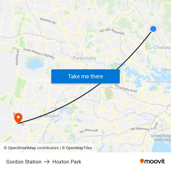 Gordon Station to Hoxton Park map