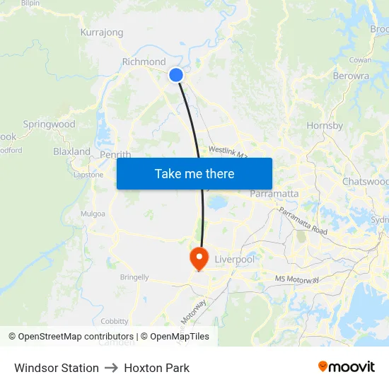 Windsor Station to Hoxton Park map