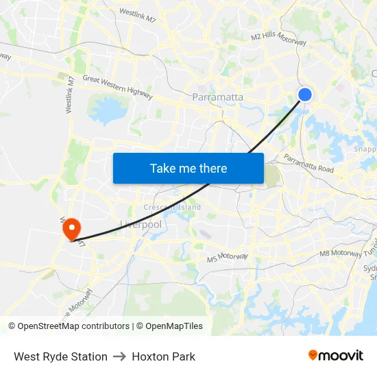 West Ryde Station to Hoxton Park map