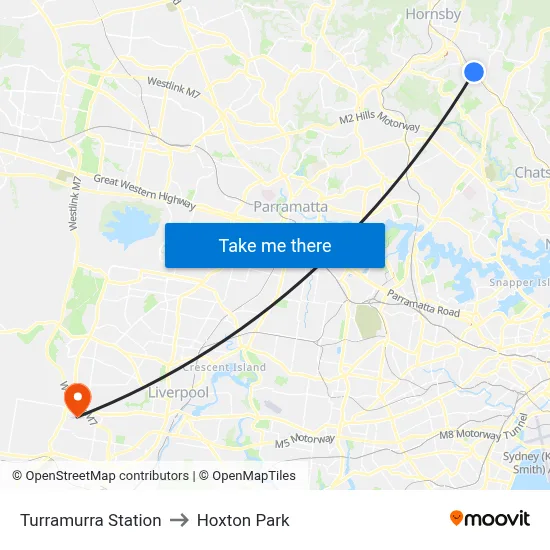 Turramurra Station to Hoxton Park map