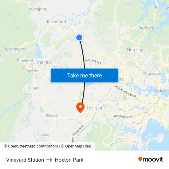 Vineyard Station to Hoxton Park map