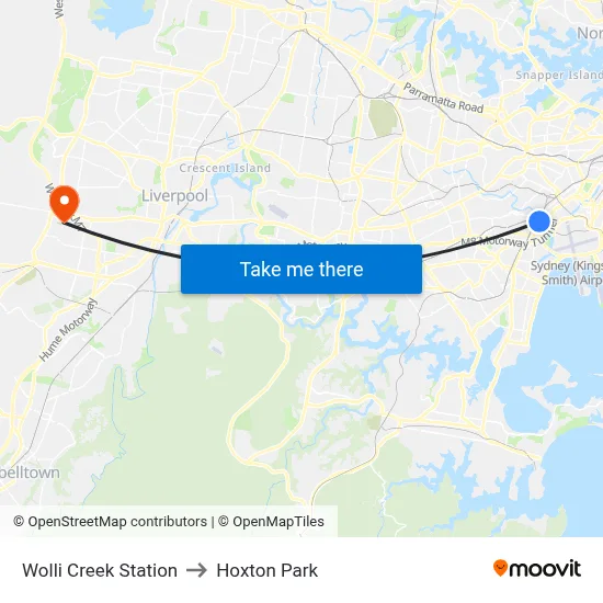 Wolli Creek Station to Hoxton Park map