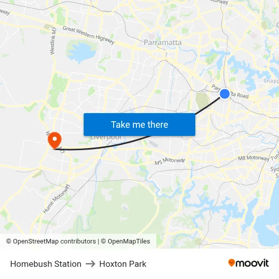 Homebush Station to Hoxton Park map