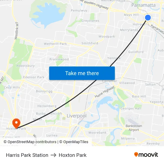 Harris Park Station to Hoxton Park map