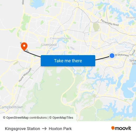 Kingsgrove Station to Hoxton Park map