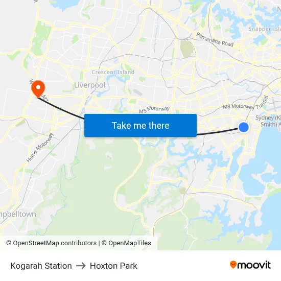 Kogarah Station to Hoxton Park map