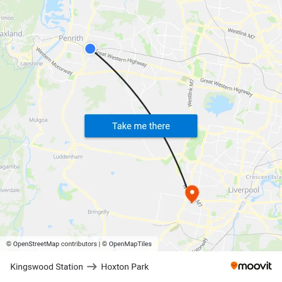 Kingswood Station to Hoxton Park map