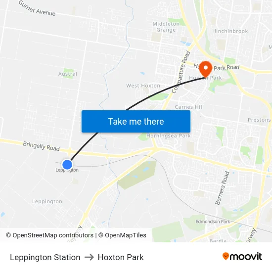 Leppington Station to Hoxton Park map