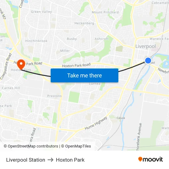 Liverpool Station to Hoxton Park map