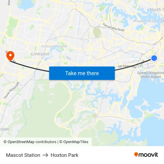 Mascot Station to Hoxton Park map