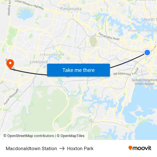 Macdonaldtown Station to Hoxton Park map