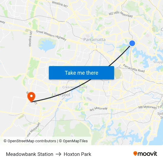 Meadowbank Station to Hoxton Park map