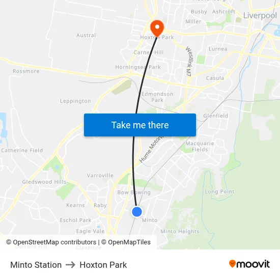 Minto Station to Hoxton Park map