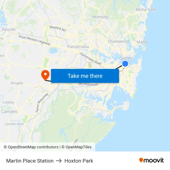 Martin Place Station to Hoxton Park map