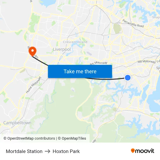 Mortdale Station to Hoxton Park map