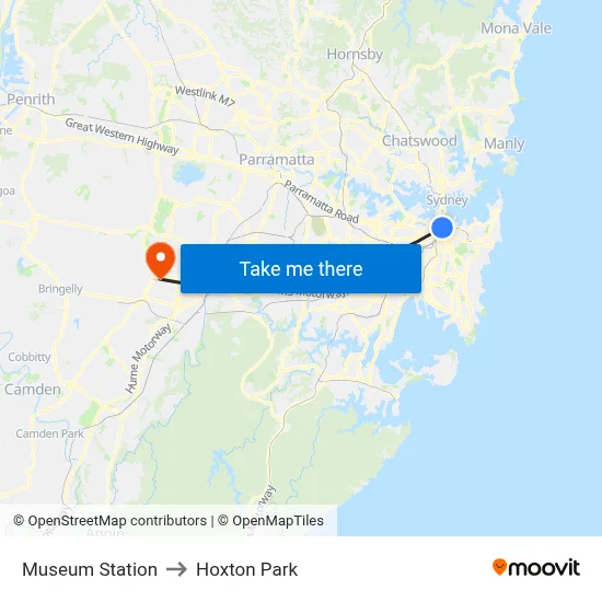 Museum Station to Hoxton Park map