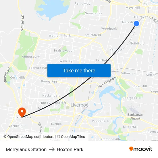 Merrylands Station to Hoxton Park map