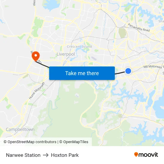 Narwee Station to Hoxton Park map