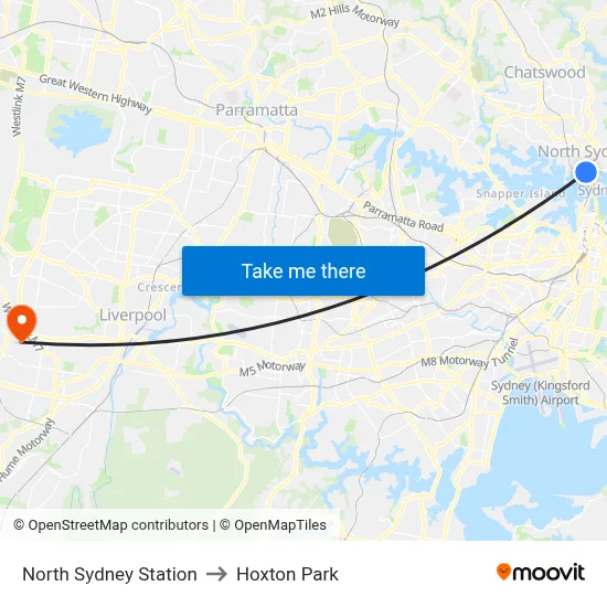 North Sydney Station to Hoxton Park map