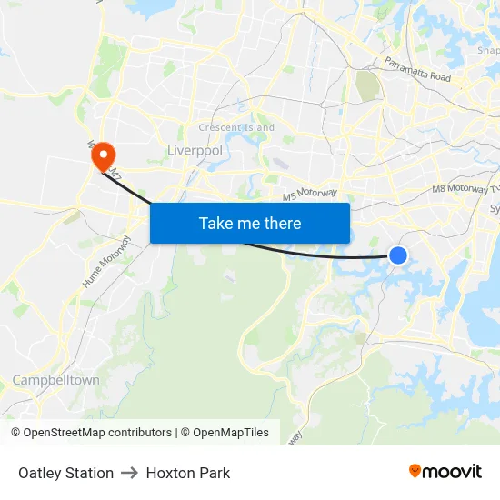 Oatley Station to Hoxton Park map
