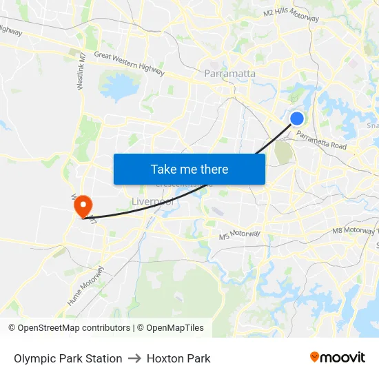 Olympic Park Station to Hoxton Park map
