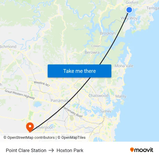 Point Clare Station to Hoxton Park map