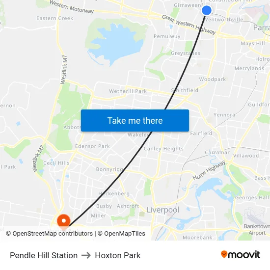 Pendle Hill Station to Hoxton Park map