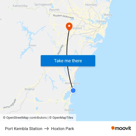 Port Kembla Station to Hoxton Park map