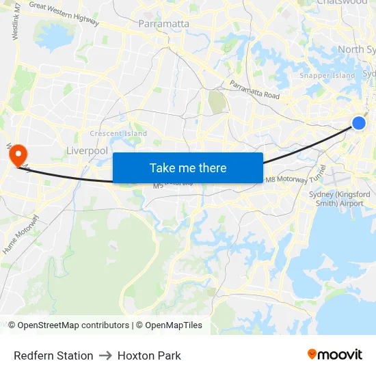 Redfern Station to Hoxton Park map