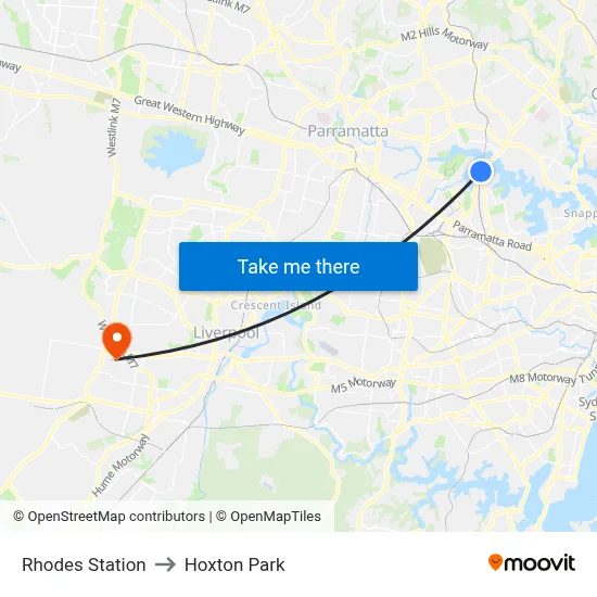 Rhodes Station to Hoxton Park map