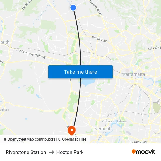 Riverstone Station to Hoxton Park map