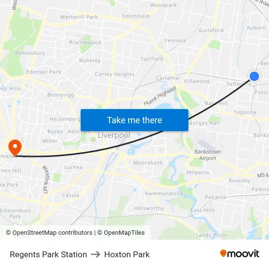 Regents Park Station to Hoxton Park map