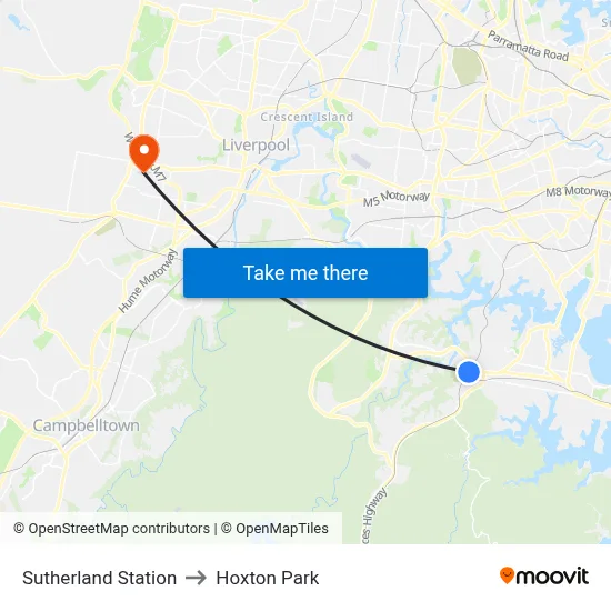 Sutherland Station to Hoxton Park map